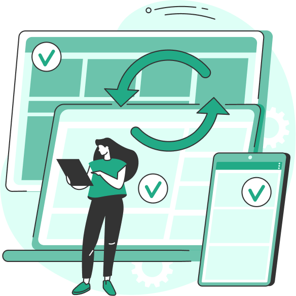 Women with devices display sync arrows and check marks, depicting data synchronization.