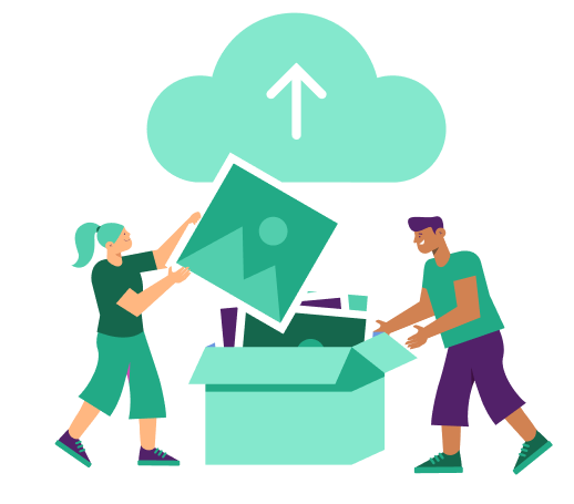 Woman and man upload documents to cloud symbol box in stylized illustration.